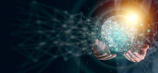 Man's hands holding virtual digital earth planet with light and line graphic decoration. Save earth concept. Global connection technology concept. Graphic design for background and banner.