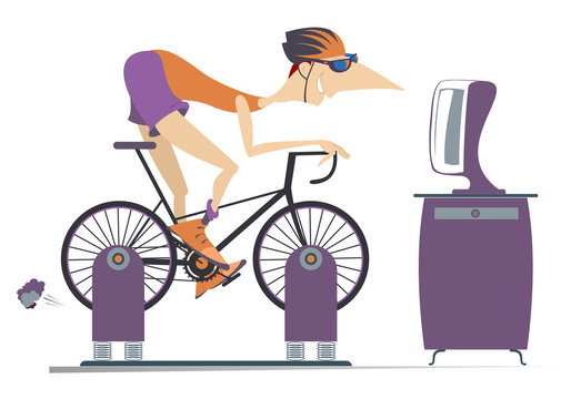 Cyclist trains at home on the exercise bike illustration. Cyclist rides on exercise bike in front of TV or computer isolated on white
