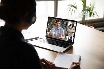 E-learning via virtual application, videocall video conferencing activity, colleagues working...