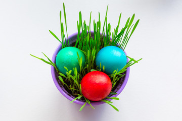 Painted Easter eggs in a bowl with grass