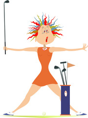 Funny golfer woman on the golf course illustration. Cartoon golfer woman with golf bag and golf club in the hand isolated on white
