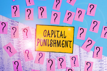 Word writing text Capital Punishment. Business photo showcasing authorized killing of someone as punishment for a crime Scribbled and crumbling papers with thick cardboard above wooden table