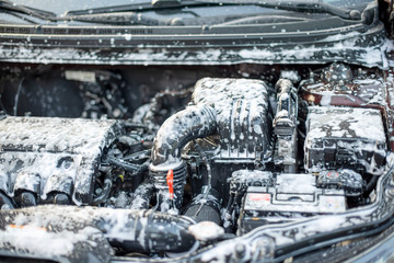 engine compartment car wash white foam