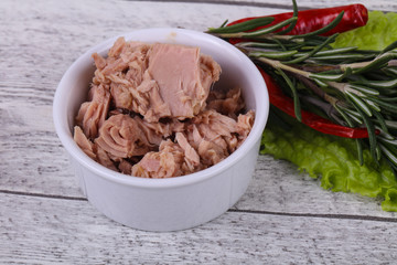 Tasty canned tuna fish in the bowl