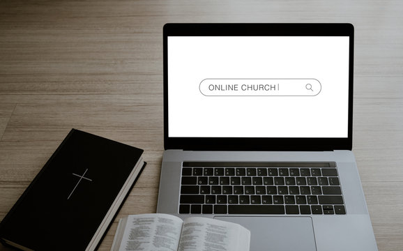 Worship From Home, Online Church For Sunday Service, Mobile Laptop Screen With Search Icon, Bible On Wooden Table, Quarantine For Covid 19 Situation