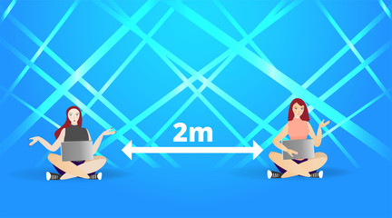 Vector Coronavirus prevention campaign 2 meter distance with two women, yang female and laptops. Global viral epidemic awareness