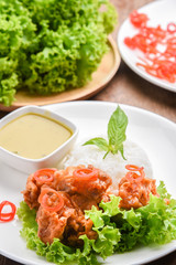 Deep Fried Chicken  and Green Curry with Rice , vegetable  in White plate. Thai food