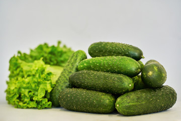 juicy cucumbers with salad on a gray background