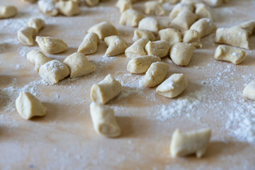 Fototapeta na wymiar Homemade ricotta gnocchi floured and ready to be cooked, arranged on a wooden surface and photographed from above - Top view