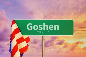 Goshen – Virginia. Road or Town Sign. Flag of the united states. Blue Sky. Red arrow shows the direction in the city. 3d rendering