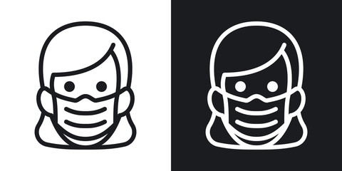 Woman in medical face protection mask. Protective surgical mask icon. Simple two-tone vector illustration on black and white background