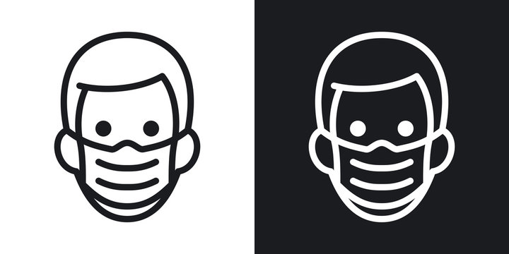 Man in medical face protection mask. Protective surgical mask icon. Simple two-tone vector illustration on black and white background