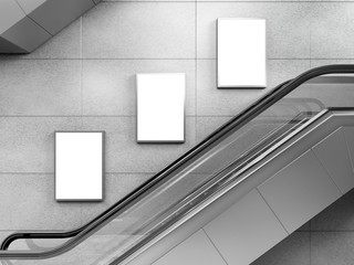 Side view of escalator on wall background with three blank light box. 3D rendering.