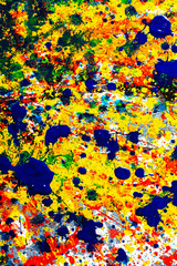 Bright background. dripping. expression. multicolored color spill blemish. mixing colors. Phantom Blue black white red yellow. flat lay.