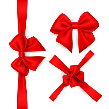 a set of red bows for decorating greeting cards, gifts or promotions. Vector isolated silk or satin ribbons, on a white or transparent background. Use it as a clipart