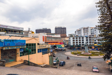Fototapeta na wymiar DALAT, VIETNAM - April ‎6, ‎2020: empty Da Lat Center Market in Dalat city in Vietnam , during Covid 19 pandemic in 2020. There are no more people. Schools, shops, restaurants, .. are closed. 