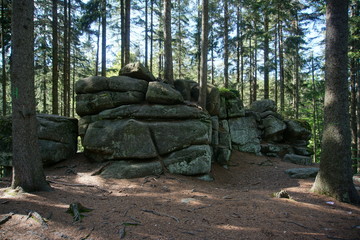 Rocks, Karkonowski National Park, trail to Kamienczyka Waterfall, Poland. May 2019