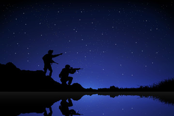 Obraz na płótnie Canvas Silhouette Soldier bring flag in night sky background. War background with Soldier bring flag Suitable for greeting card, poster and banner. Gradient starry night background