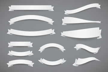 Set of White Paper Banner Flat Style Ribbons with Dashed Outline