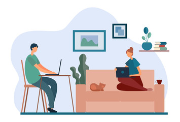 Cartoon couple working with laptops at home