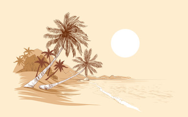 Fototapeta na wymiar ..Exotic sunny landscape with palm trees by the sea. Vector illustration of the beach. Monochrome vintage image..