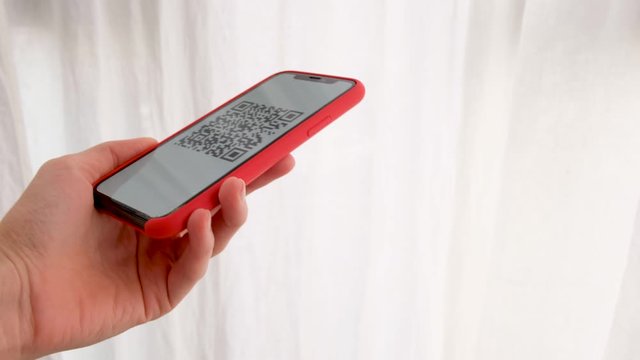Hand holding mobile smart phone with QR code scanner on the screen on white background
