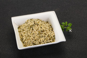 Peeled hemp seeds in the bowl