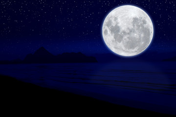 Fototapeta na wymiar Full moon on the sky over the sea in the dark night.