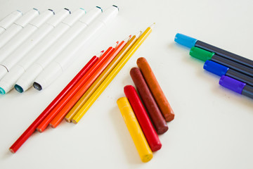 large group of pencil, pen and markers, sketching markets.  Stationary things for painting. 