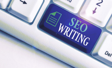 Writing note showing Seo Writing. Business concept for grabbing the attention of the search engines...