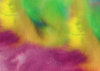 Watercolor colorful textured background. Hand drawn yellow, blue, violet, green brush smears and splashes. Template for design