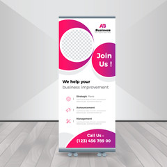 Creative Banner roll-up design, business concept. Graphic template roll-up for exhibitions, banner for seminar, layout for placement of photos. Universal stand for conference.