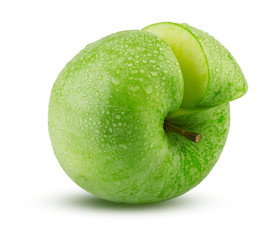 Green Apple Sliced Isolated. Fresh Apple with Water Drops on White Background. Wet Fruit Highly Retouched Closeup