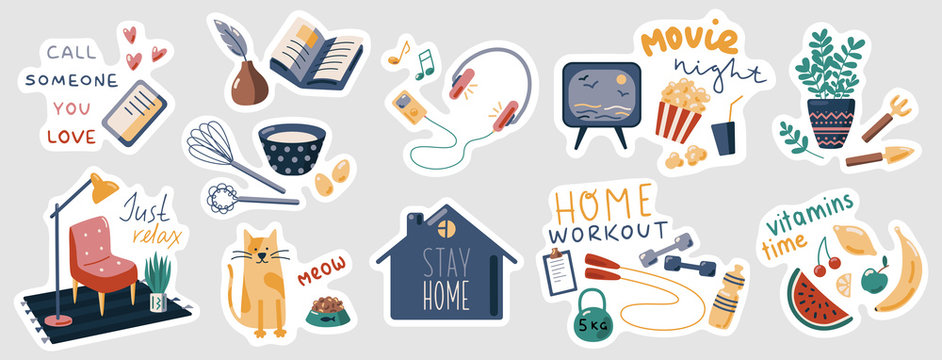 Stay Home vector stickers set. Collection of flat cartoon stickers with slogans. Sport, reading, listening to music, cooking. Isolation concept, health care. Home activity. Things to do at home