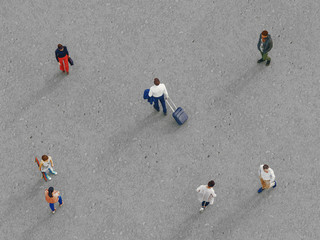 Coronavirus 3d rendering illustration concept. View from above the crowd. Floating influenza virus cells.