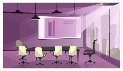 Modern business meeting room illustration. Projection screen with financial graphs image, chairs around table in office with panoramic window. Presentation concept