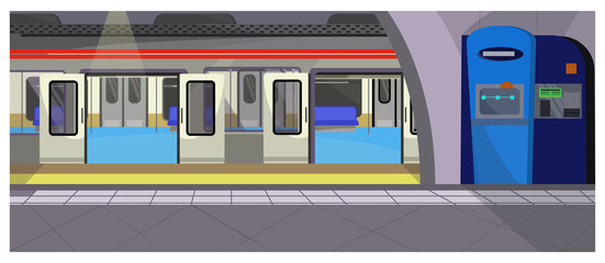 Underground stop illustration. Modern subway station with control booth and empty train. Metro illustration