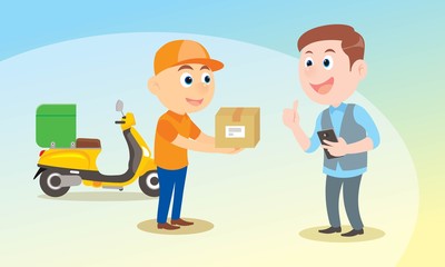 Delivery man ride bike get order. A man holding mobile open app. fast delivery, shipping. vector illustration isolated cartoon