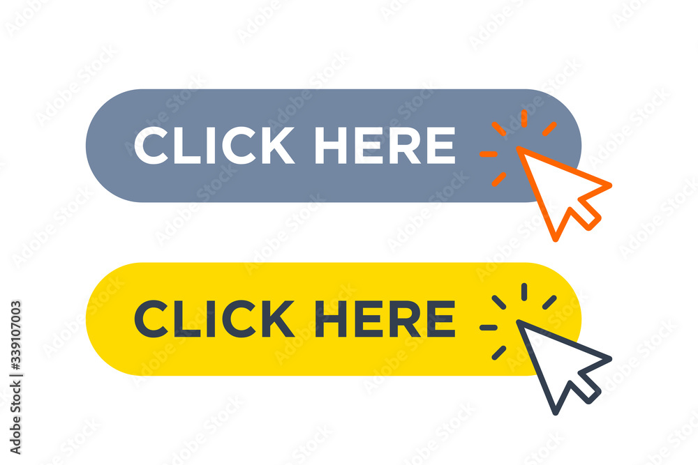 Poster click here button with outline arrow clicking pointer isolated on white background. flat vector icon