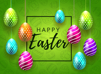 Happy Easter calligraphy background with realistic colored shine decorated eggs and cute doodles. Greeting card trendy design. Invitation template Vector illustration for poster, ads or flyer.