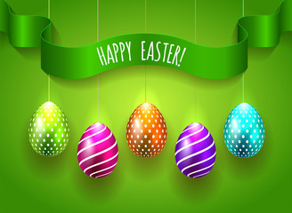 Happy Easter Vector background with colored eggs on green backdrop  with ribbon for greeting card, ad, promotion, poster, flyer, web-banner, article, social media