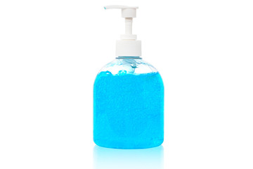 Bottle pump with blue alcohol hand gel. Hand cleansing gel and antibacterial alcohol rub can help and protect against coronavirus isolated on white background with clipping path.