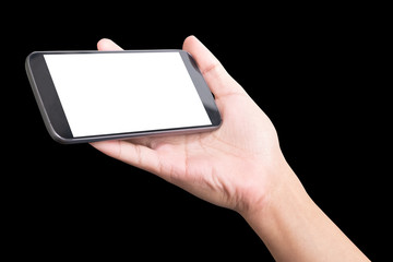 Male right hand holding and touching on black mobile smartphone with white screen. isolated on black background