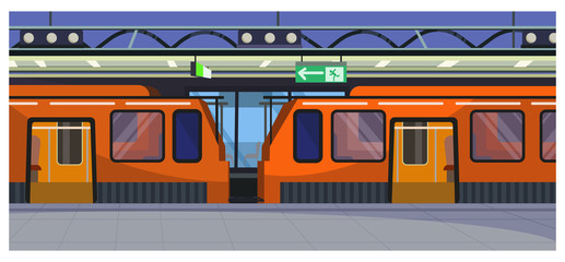 Trains at railway station illustration. Red trains with open doors at platform. Destination concept