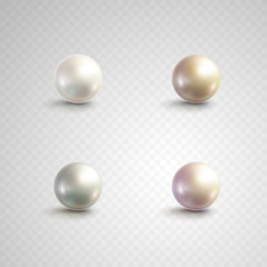 Pearl and circle beads isolated on transparent background. Golden rose, white, perl balls or glossy bubbles template. Vector 3d metal sphere, shiny capsule set.