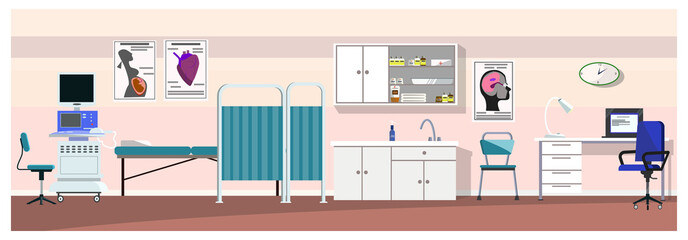 Fototapeta premium Hospital room with ultrasound scanner illustration. Pink wall in clinic with medical equipment. Medical examination concept