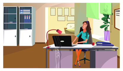 Helpdesk operator answering call illustration. Positive female manager in headset talking to customer in office. Office administrator concept