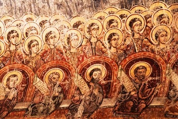 Fresco inside the Byzantine church of Ag. Theodoroi in Kambos Avias village, in the region of Mani in Peloponnese, Greece.