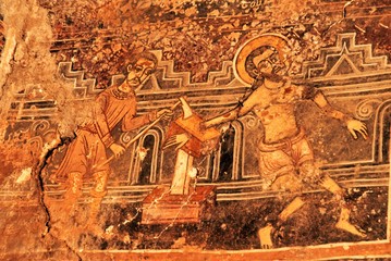 Fresco inside the Byzantine church of Ag. Theodoroi in Kambos Avias village, in the region of Mani...