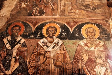 Fresco inside the Byzantine church of Ag. Theodoroi in Kambos Avias village, in the region of Mani...